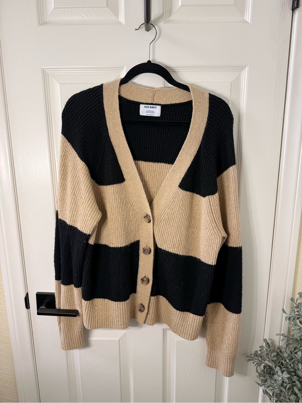 Old Navy Black and Beige Striped Button Cardigan